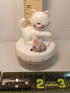Joie Meow Cat White and Pink Cat Kitchen Timer With Grey Mouse Whimsical Fun